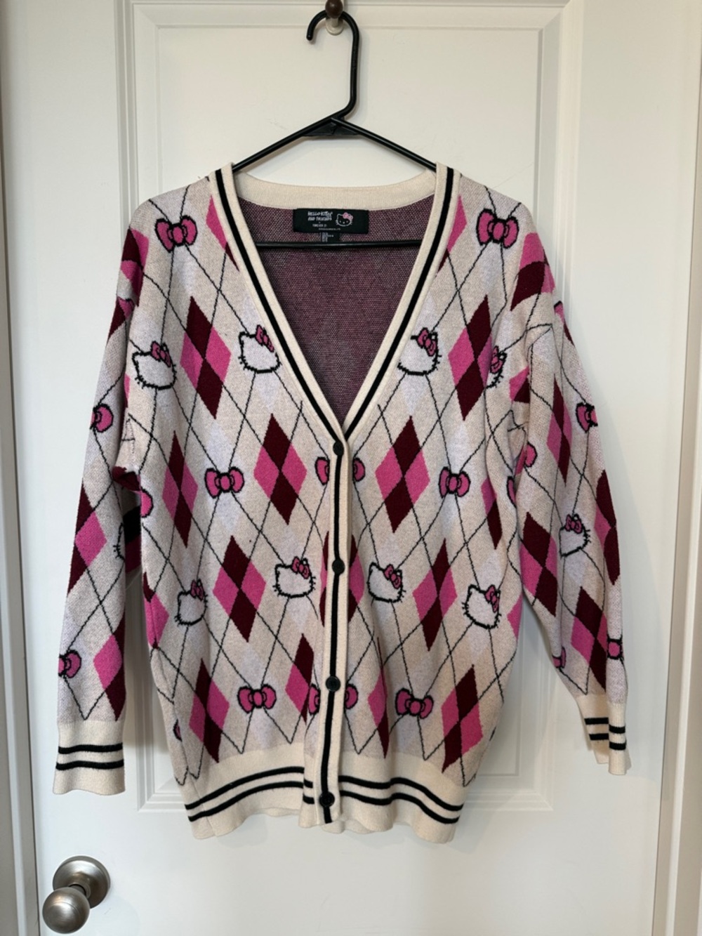 Forever 21 Hello Kitty Pink Argyle V-Neck Cardigan Sweater
